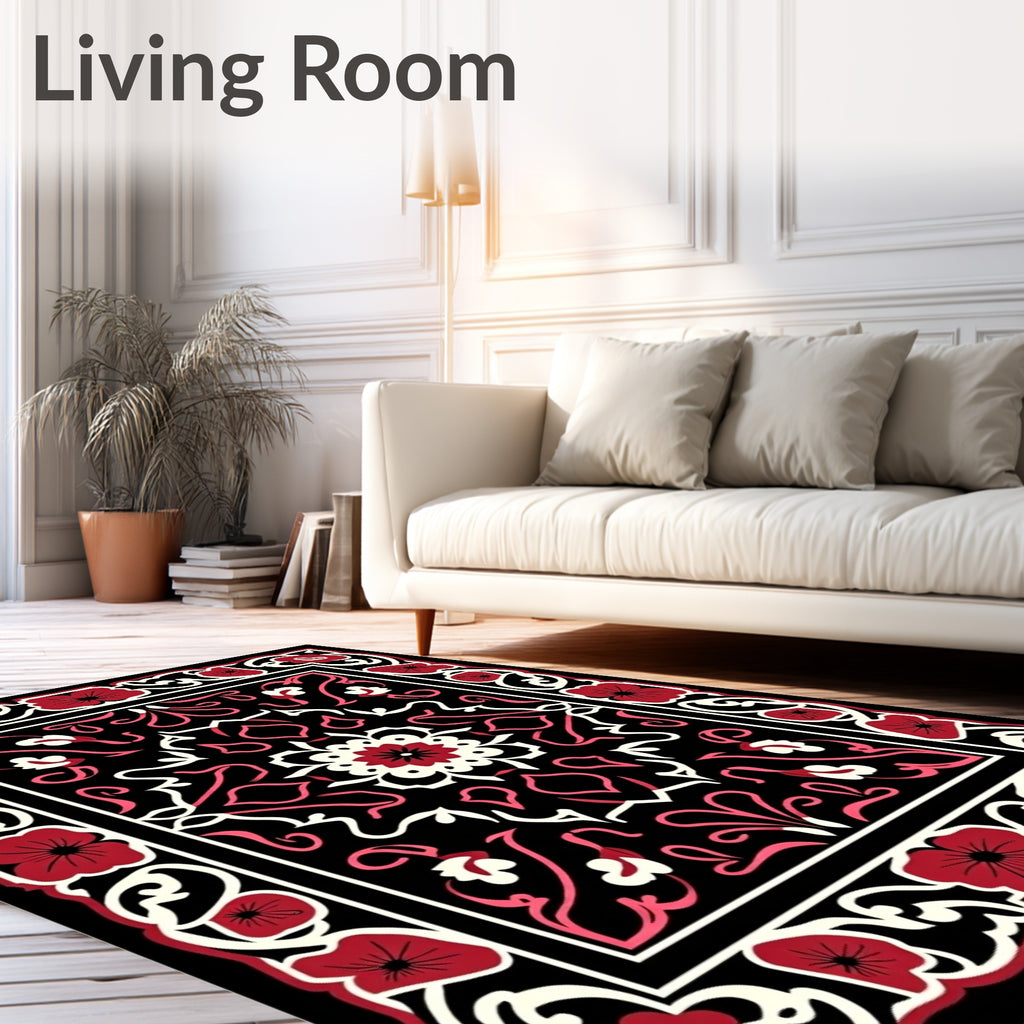 Crimson Floral Medallion Black Rug