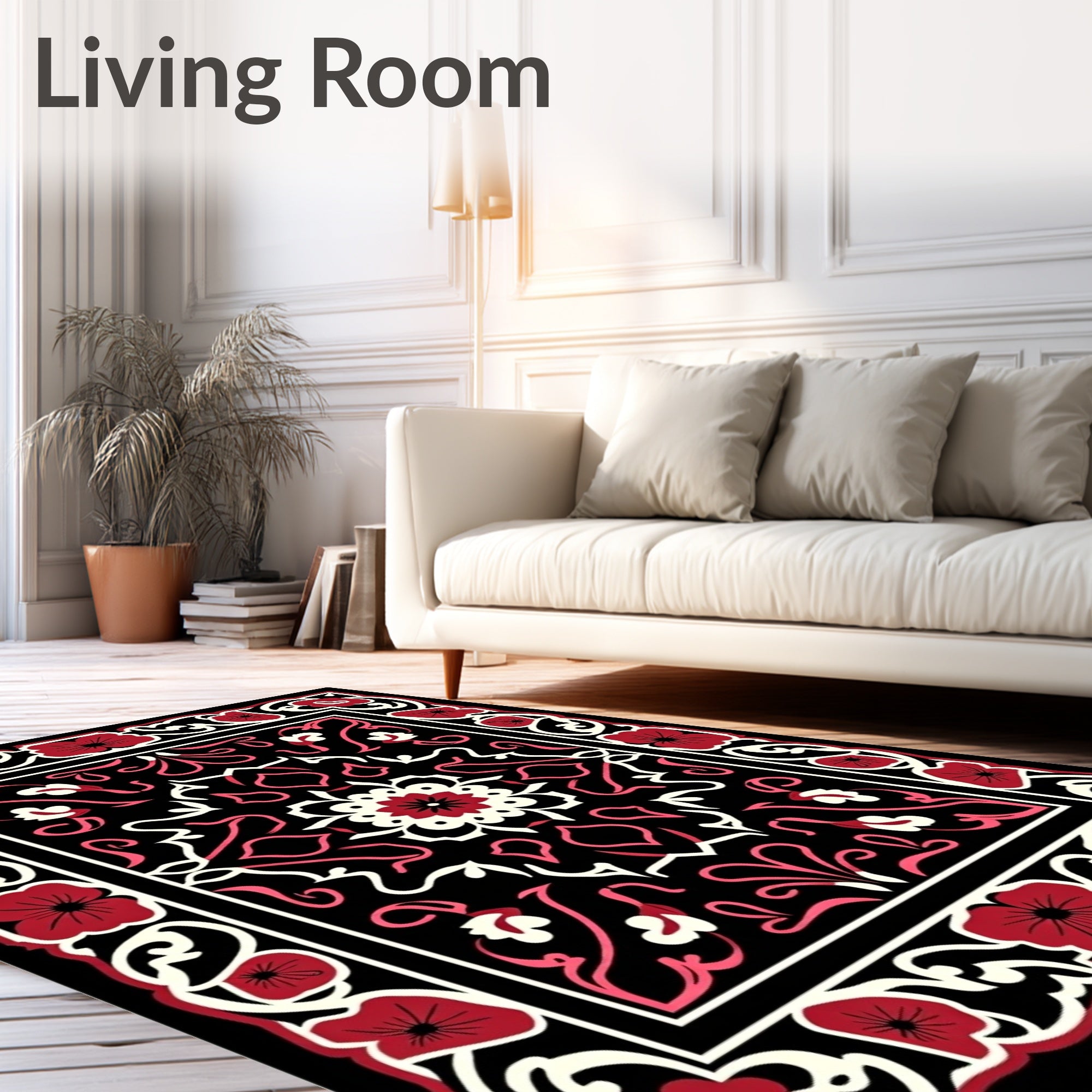 Crimson Floral Medallion Black Rug