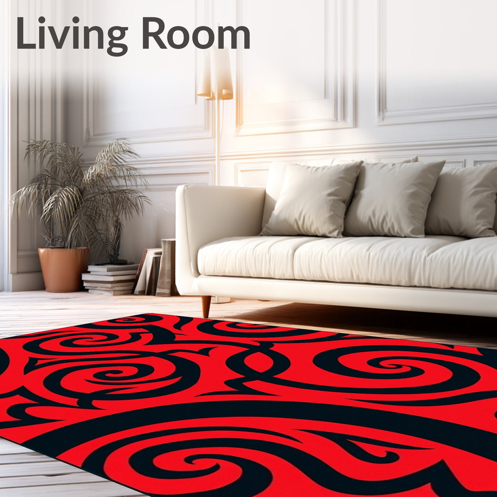 Bold Red Swirling Tribal Art Rug