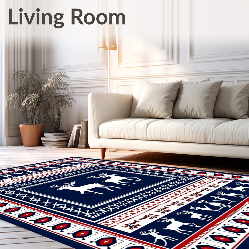 Navajo Blue White Red Deer Border Rug