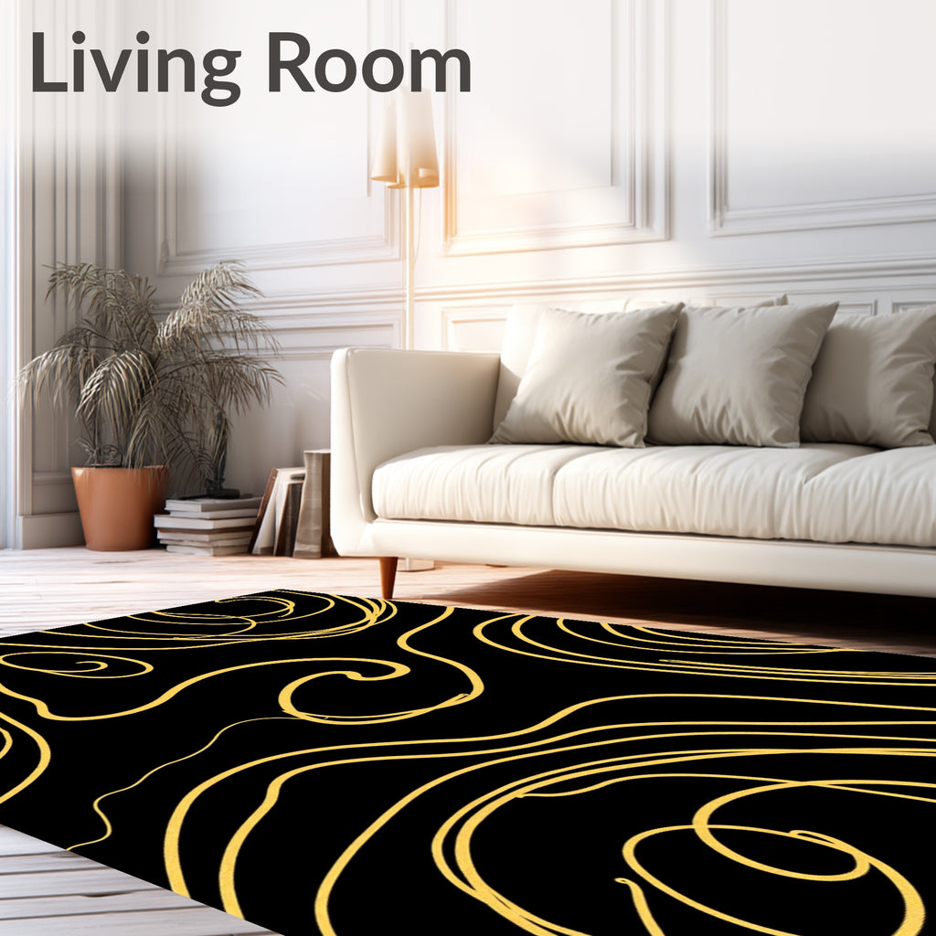 Golden Swirls on Black Canvas Rug