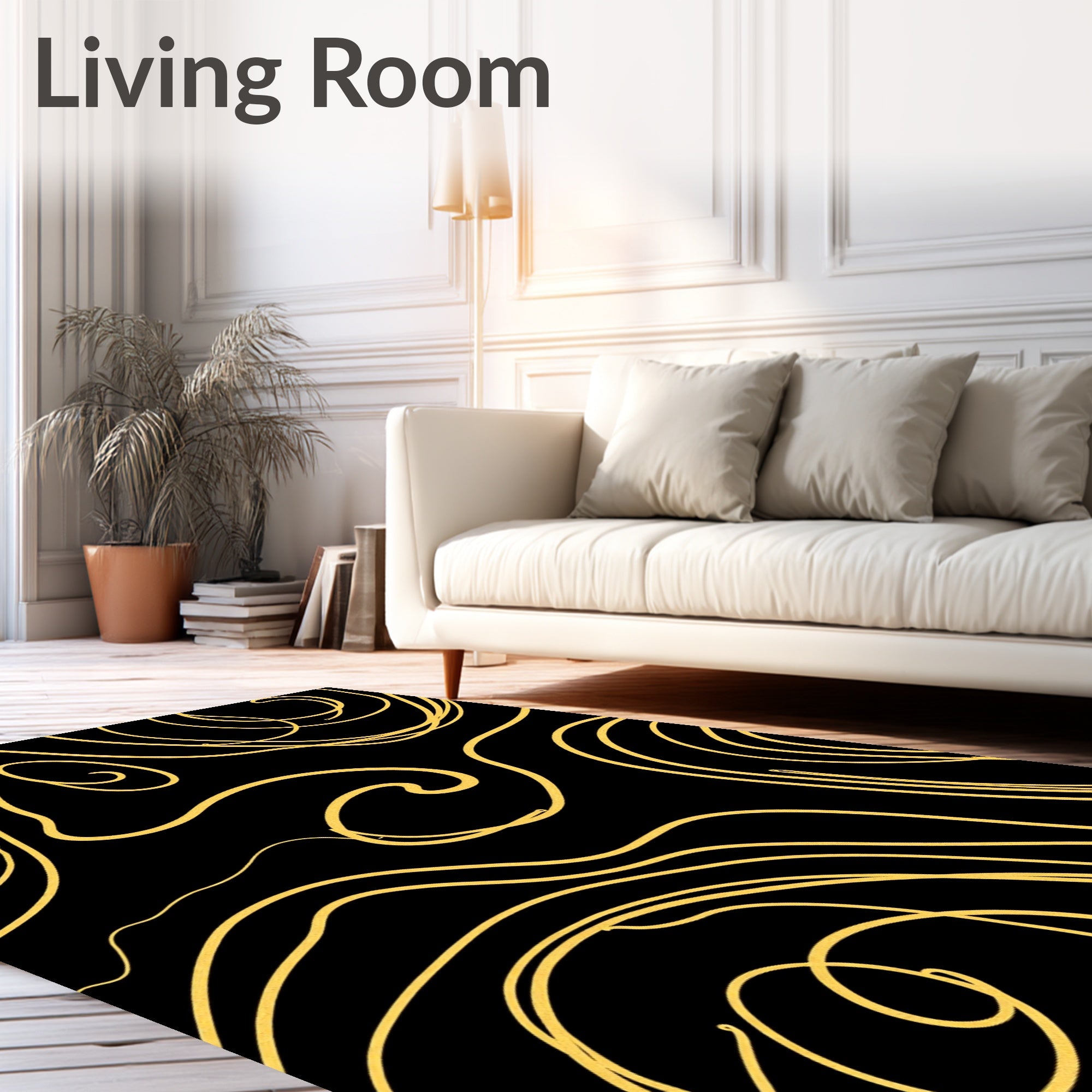 Golden Swirls on Black Canvas Rug