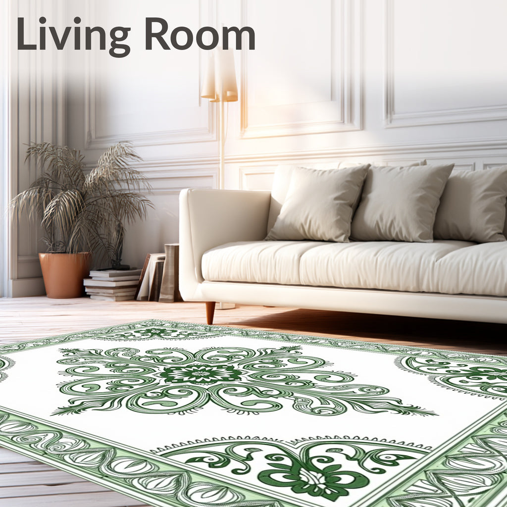 Emerald Green Floral Scroll Medallion Rug