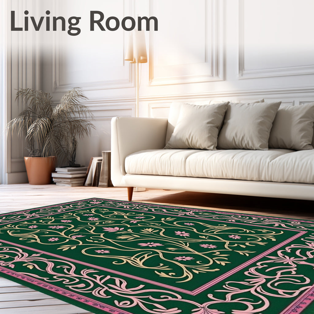 Emerald Green Floral Vine Border Rug