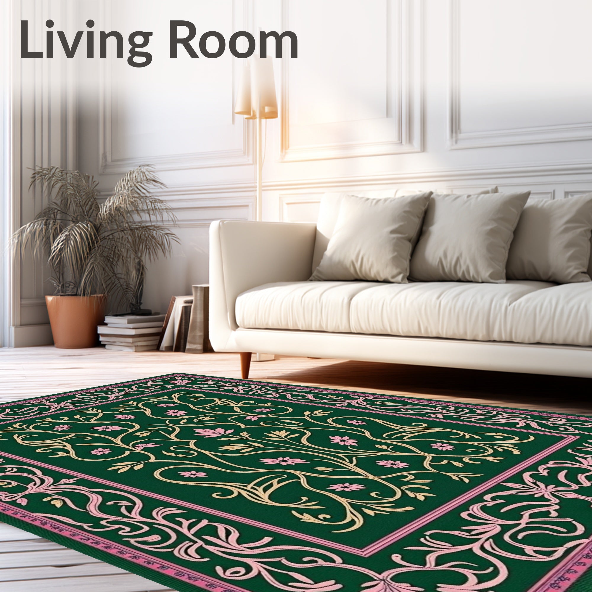 Emerald Green Floral Vine Border Rug