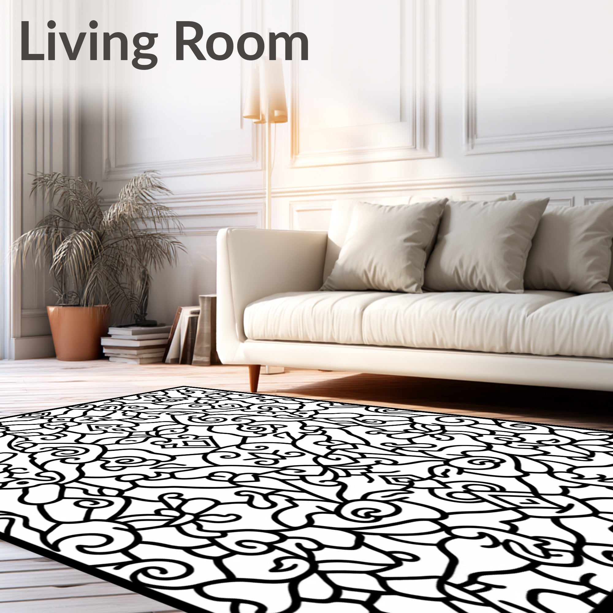 Ornate Black And White Floral Swirl Rug