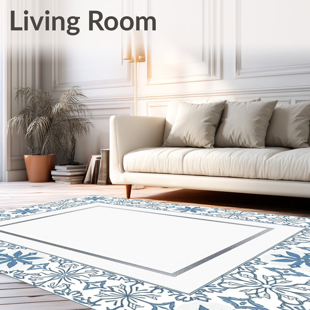 Blue White Tile Floral Border Rug