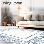 Blue White Tile Floral Border Rug