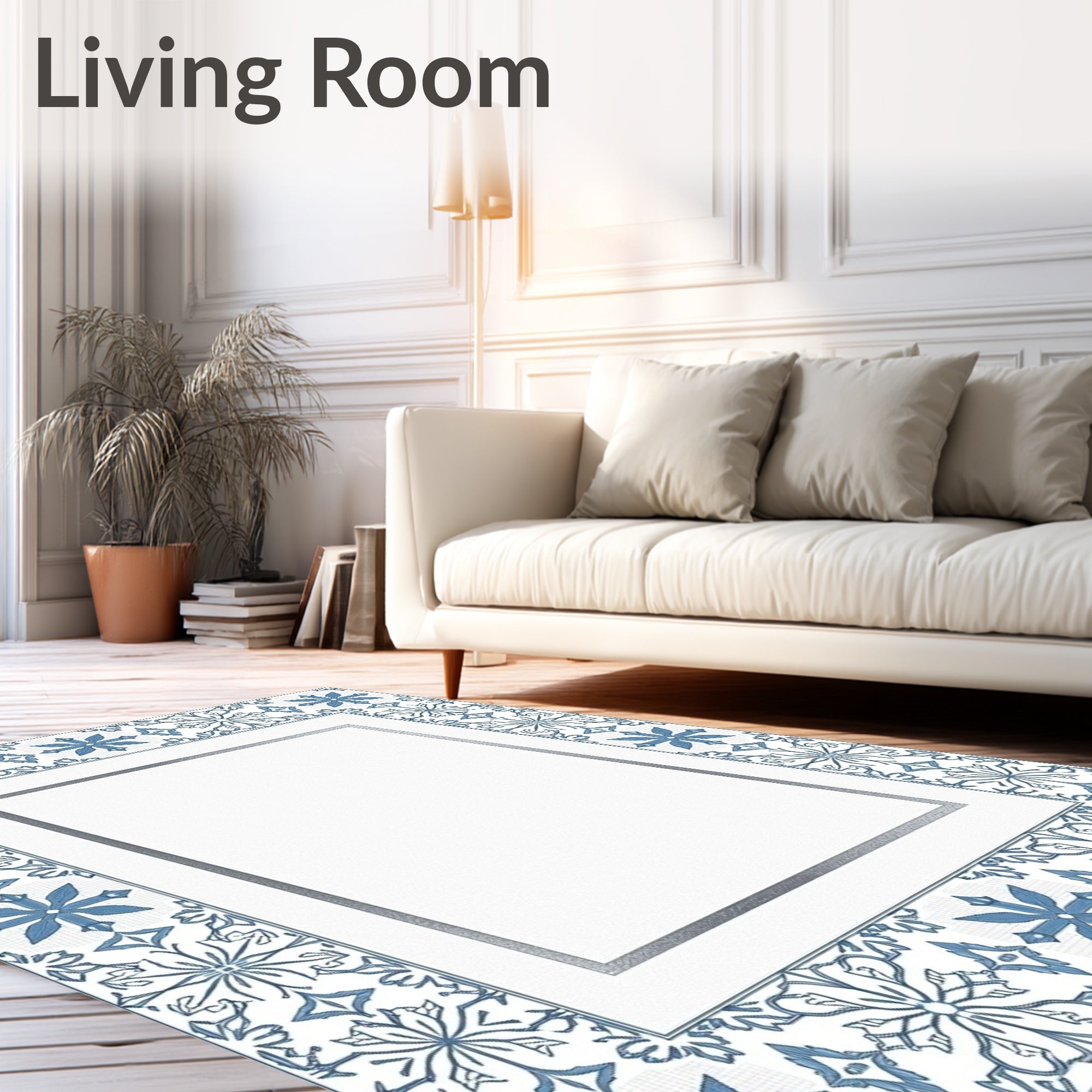 Blue White Tile Floral Border Rug