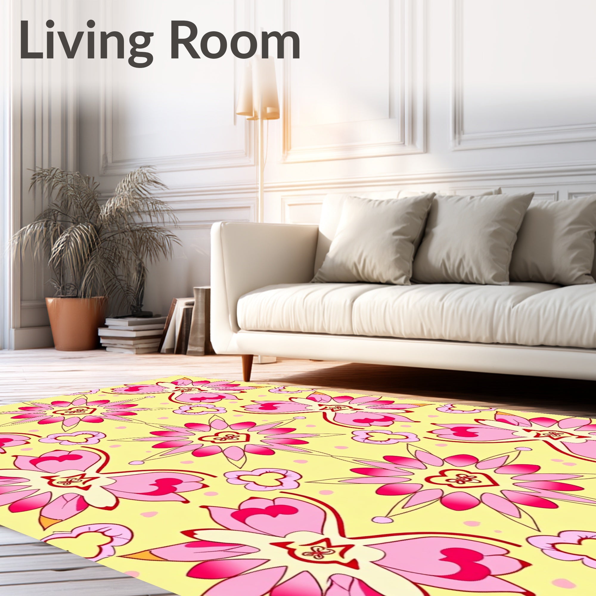 Pink Floral Heart Medallion Yellow Rug