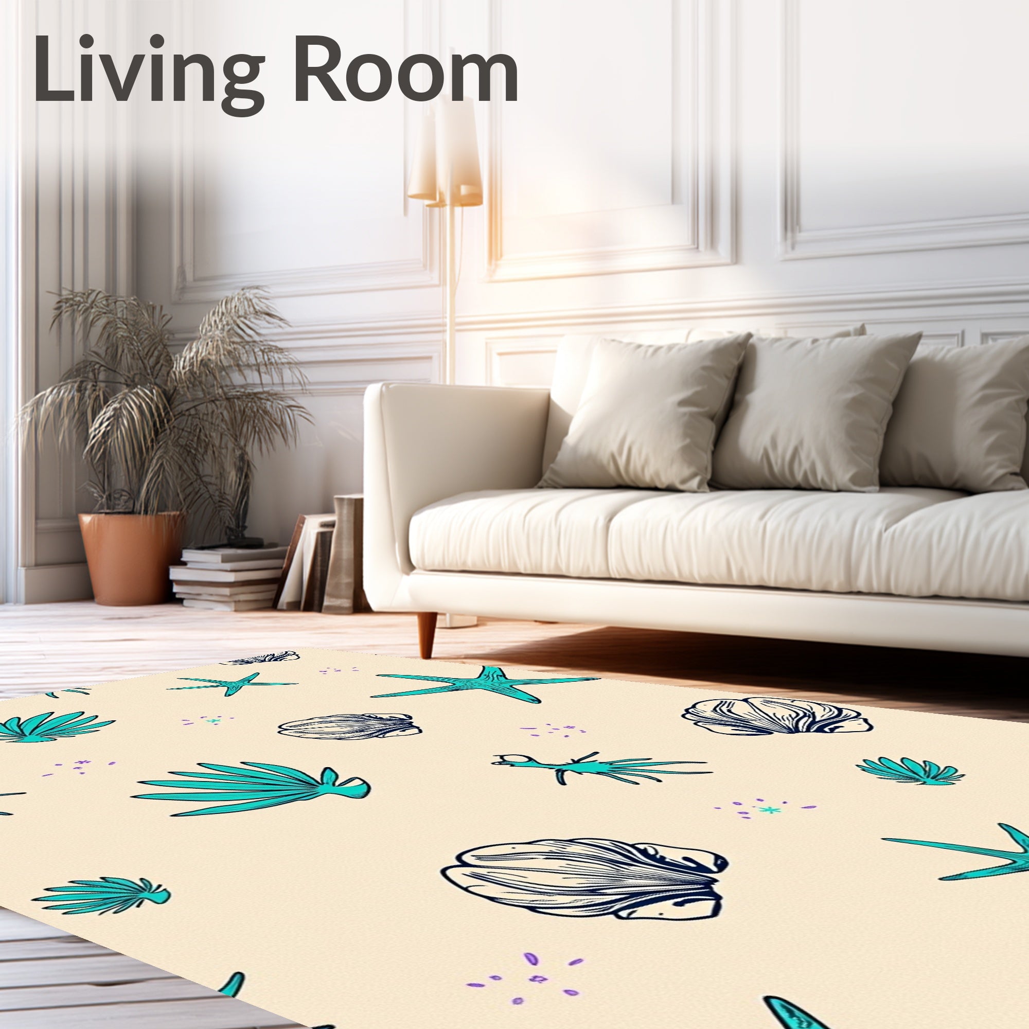 Teal Coastal Shell Starfish Collage Rug