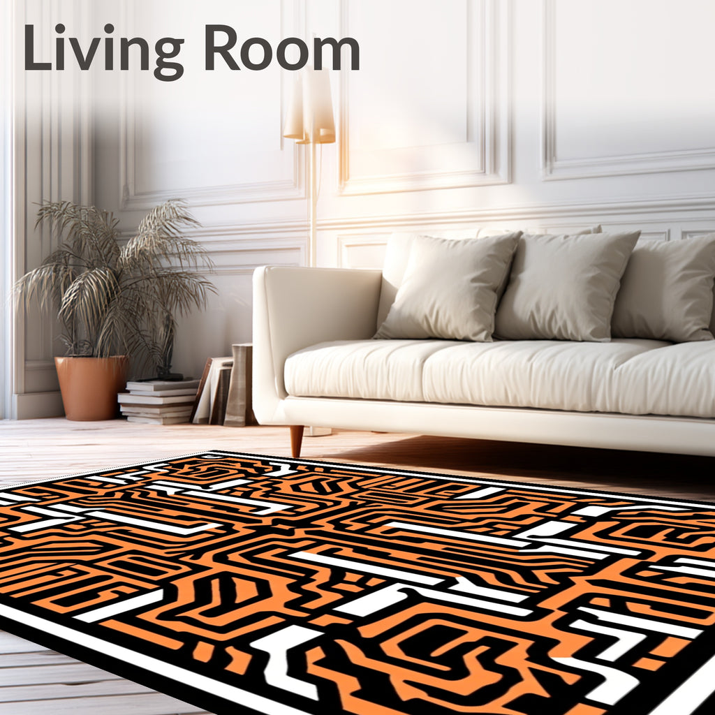 Orange Black White Circuit Maze Rug