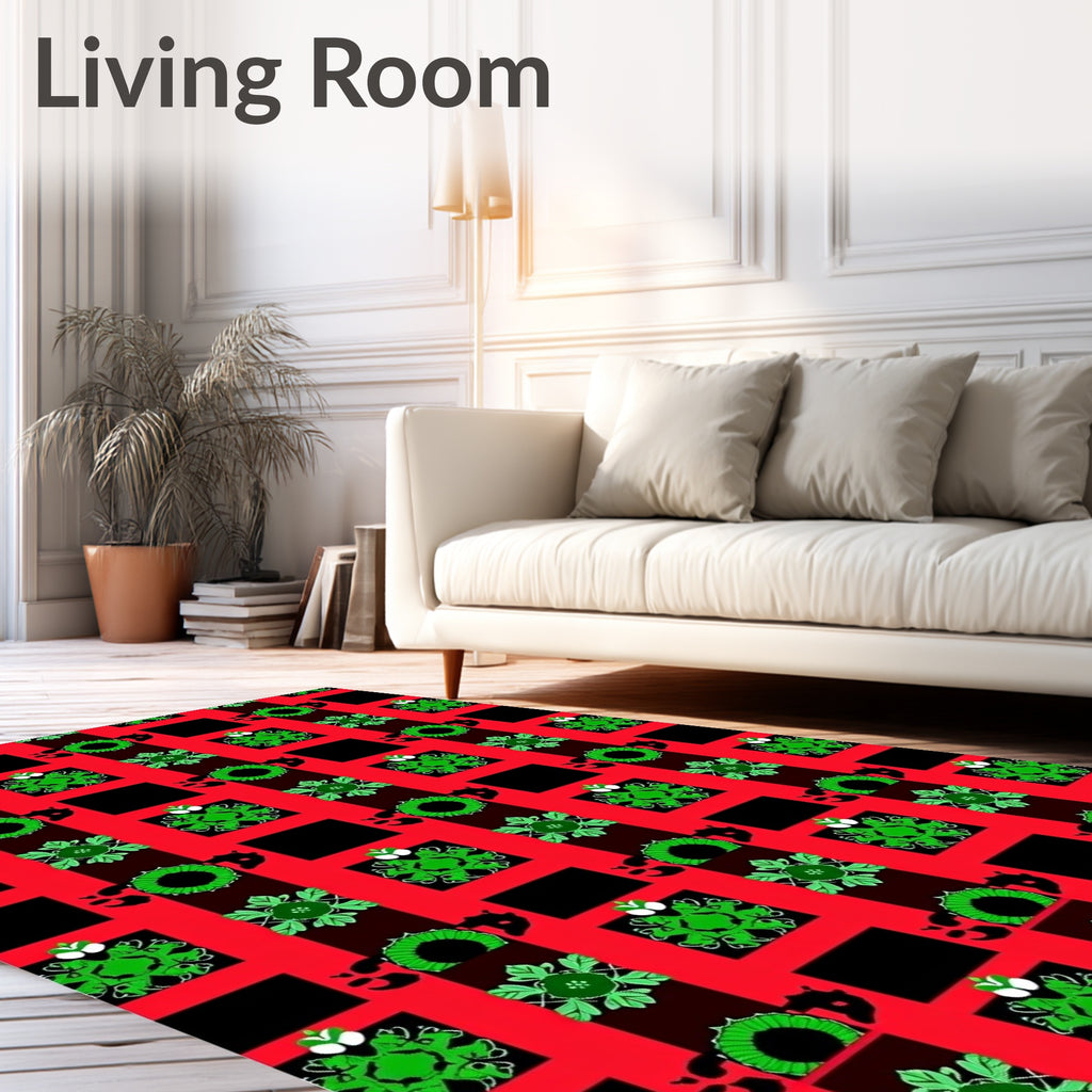 Vibrant green floral motifs on red plaid Rug