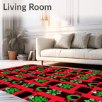 Vibrant green floral motifs on red plaid Rug