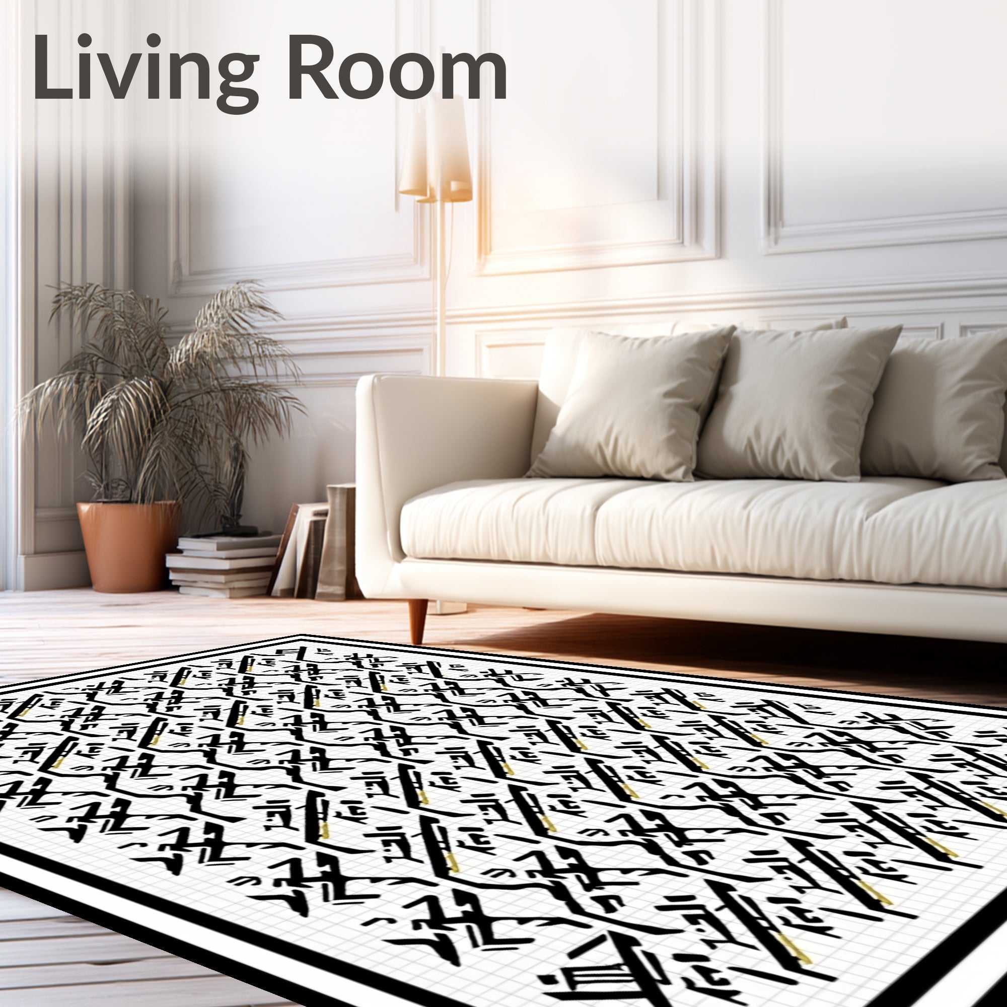 Black White Gold Geometric Overlay Rug