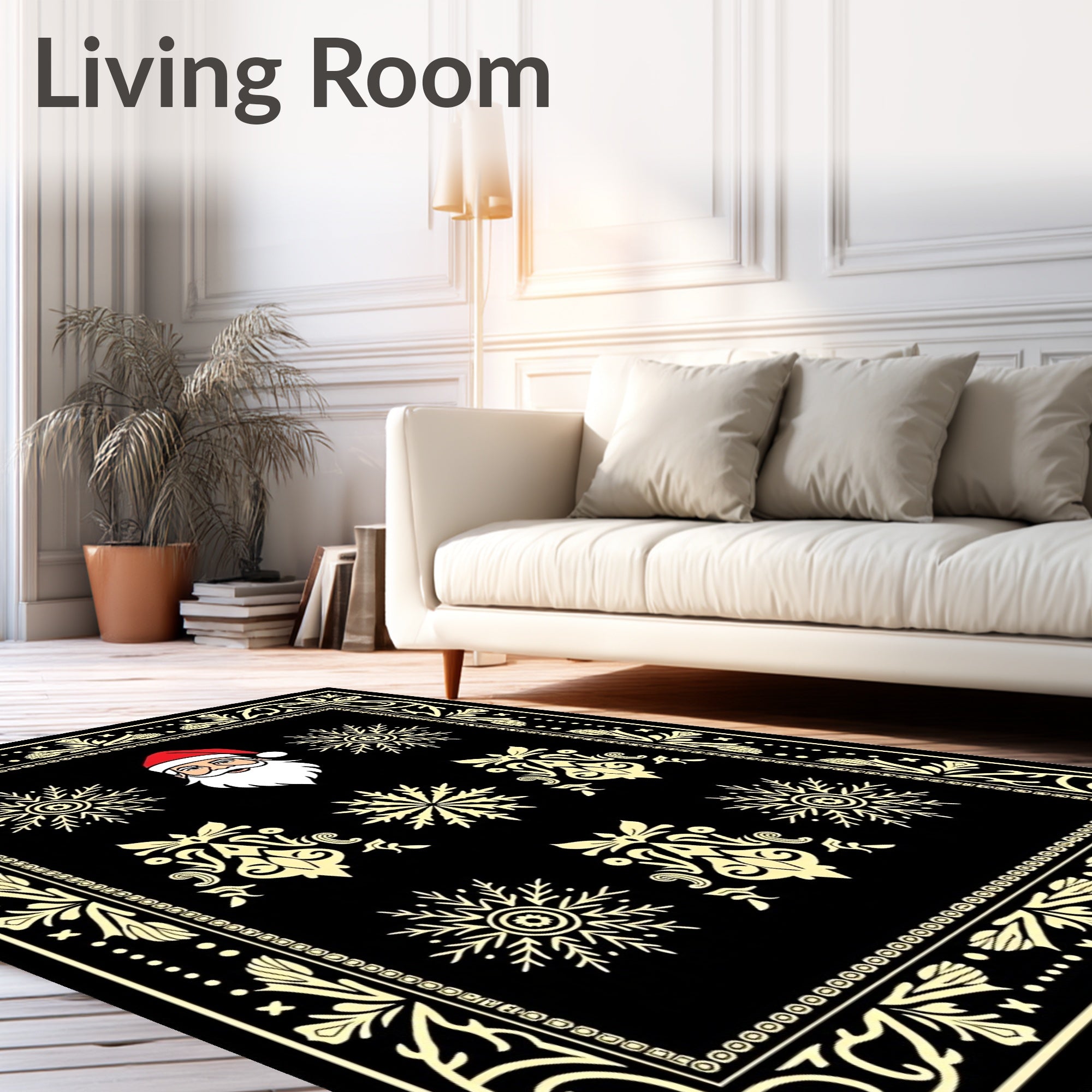 Black Cream Festive Santa Snowflakes Border Rug