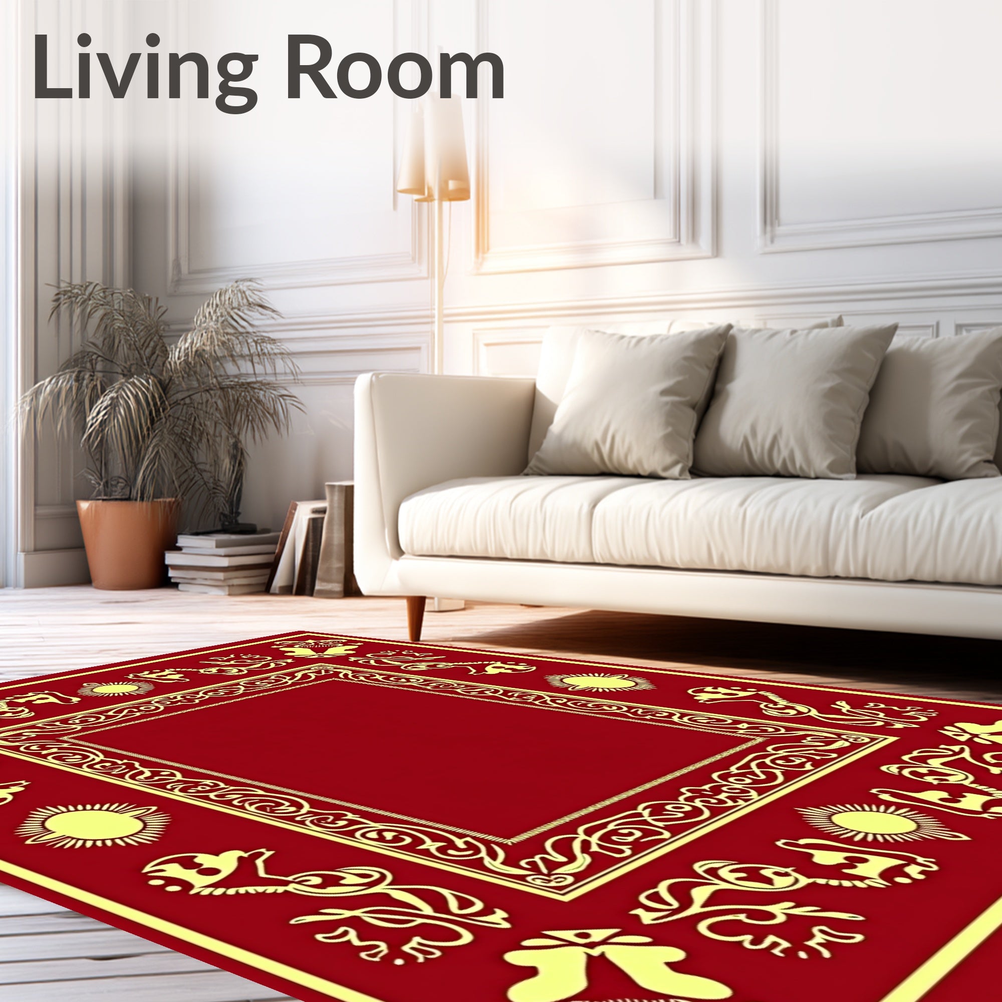 Crimson Amber Sun Floral Border Rug