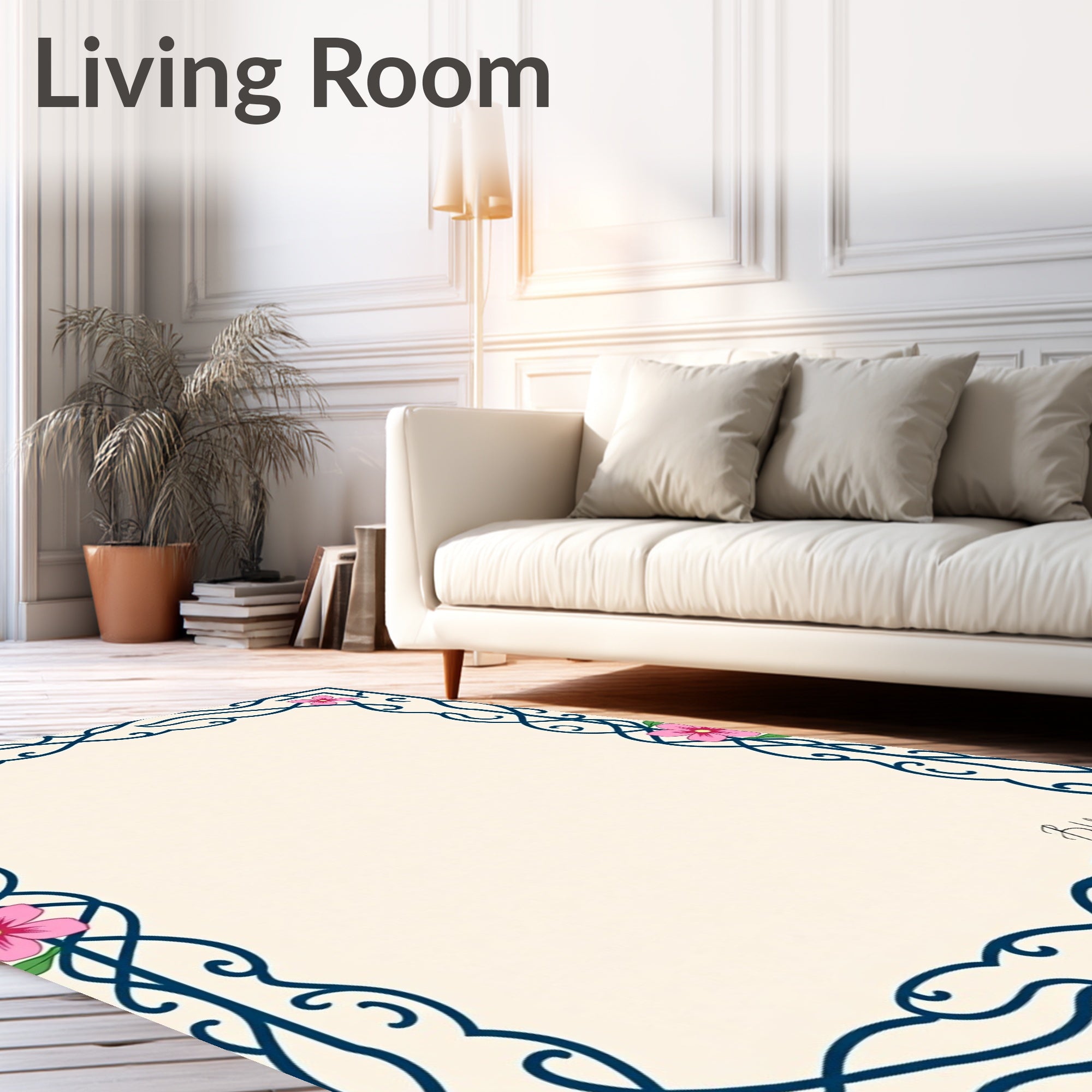 Navy Blue Floral Vine Swirl Frame Rug