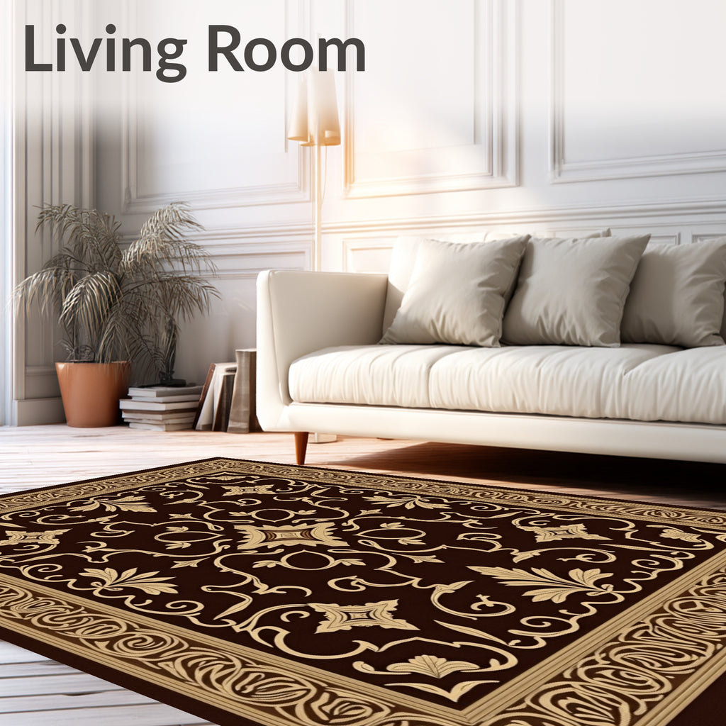 Ornate Cream Floral Scroll Border Rug