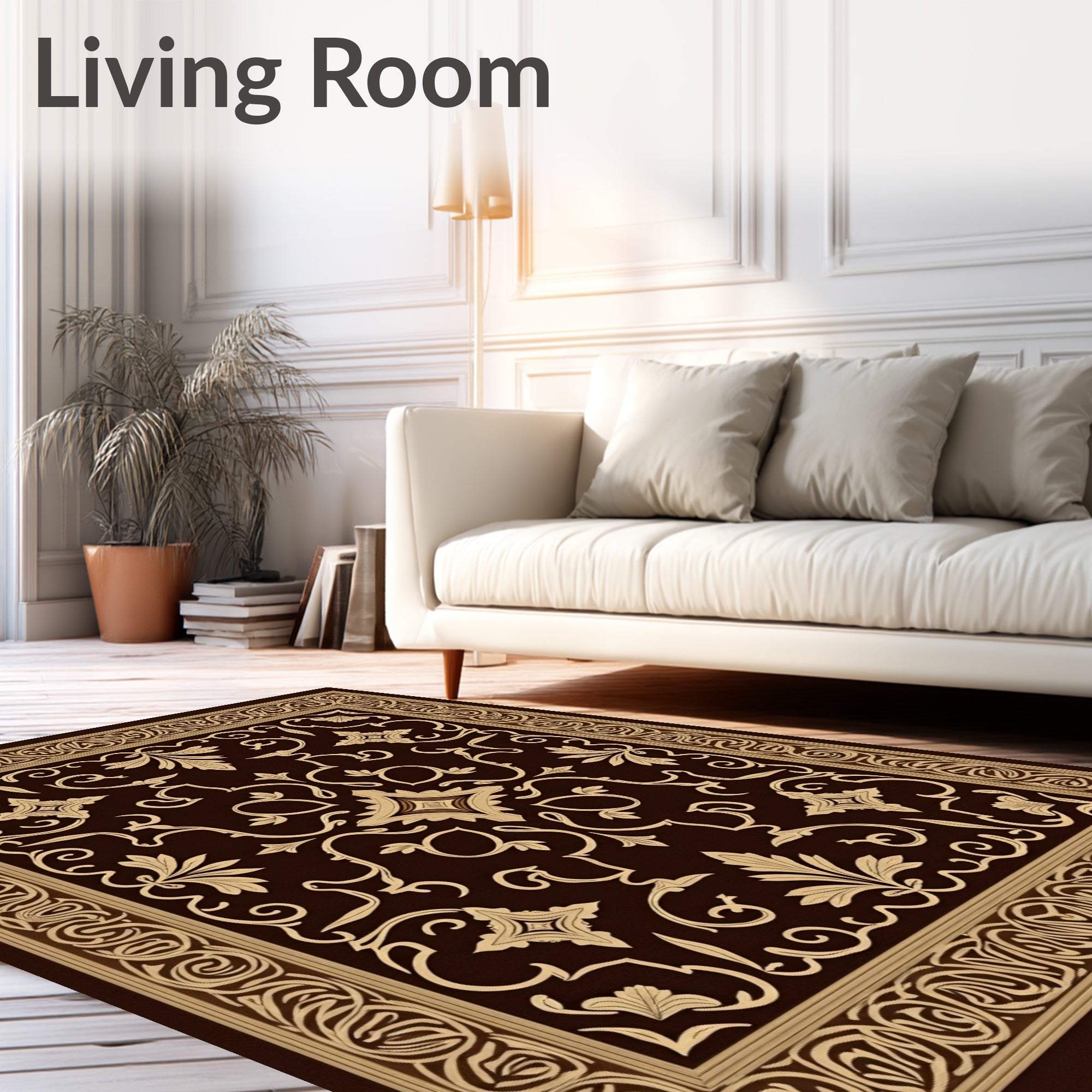 Ornate Cream Floral Scroll Border Rug