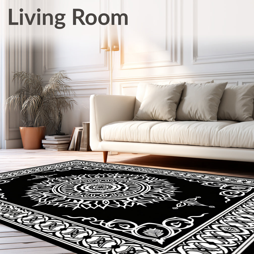 Intricate Black White Floral Medallion Rug