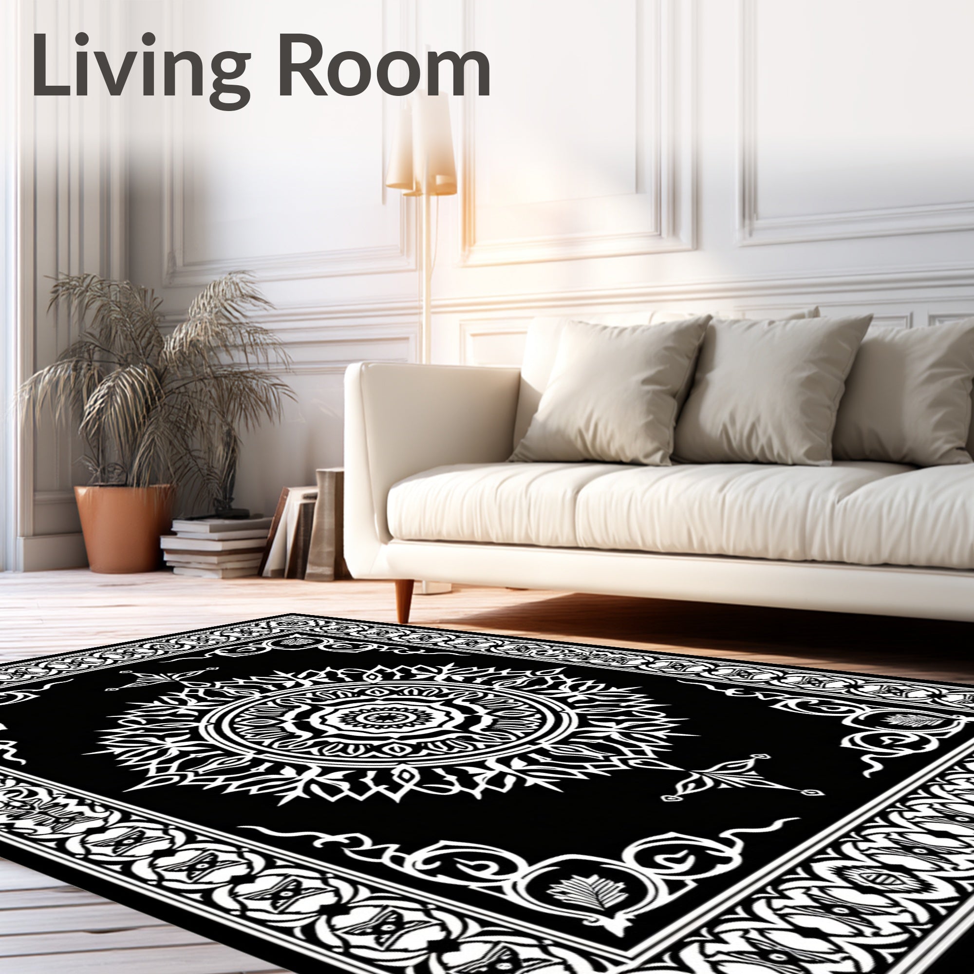 Intricate Black White Floral Medallion Rug