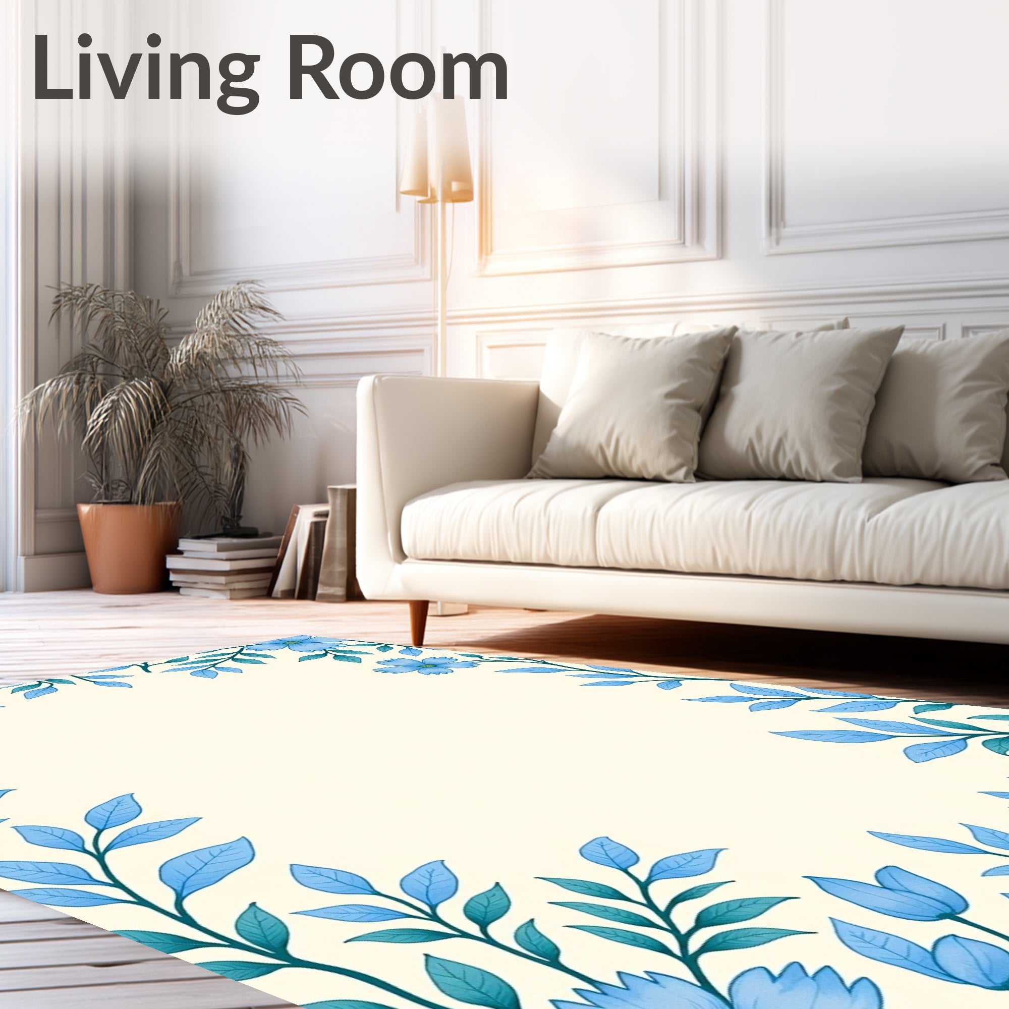 Light Blue Floral Vine Border Rug