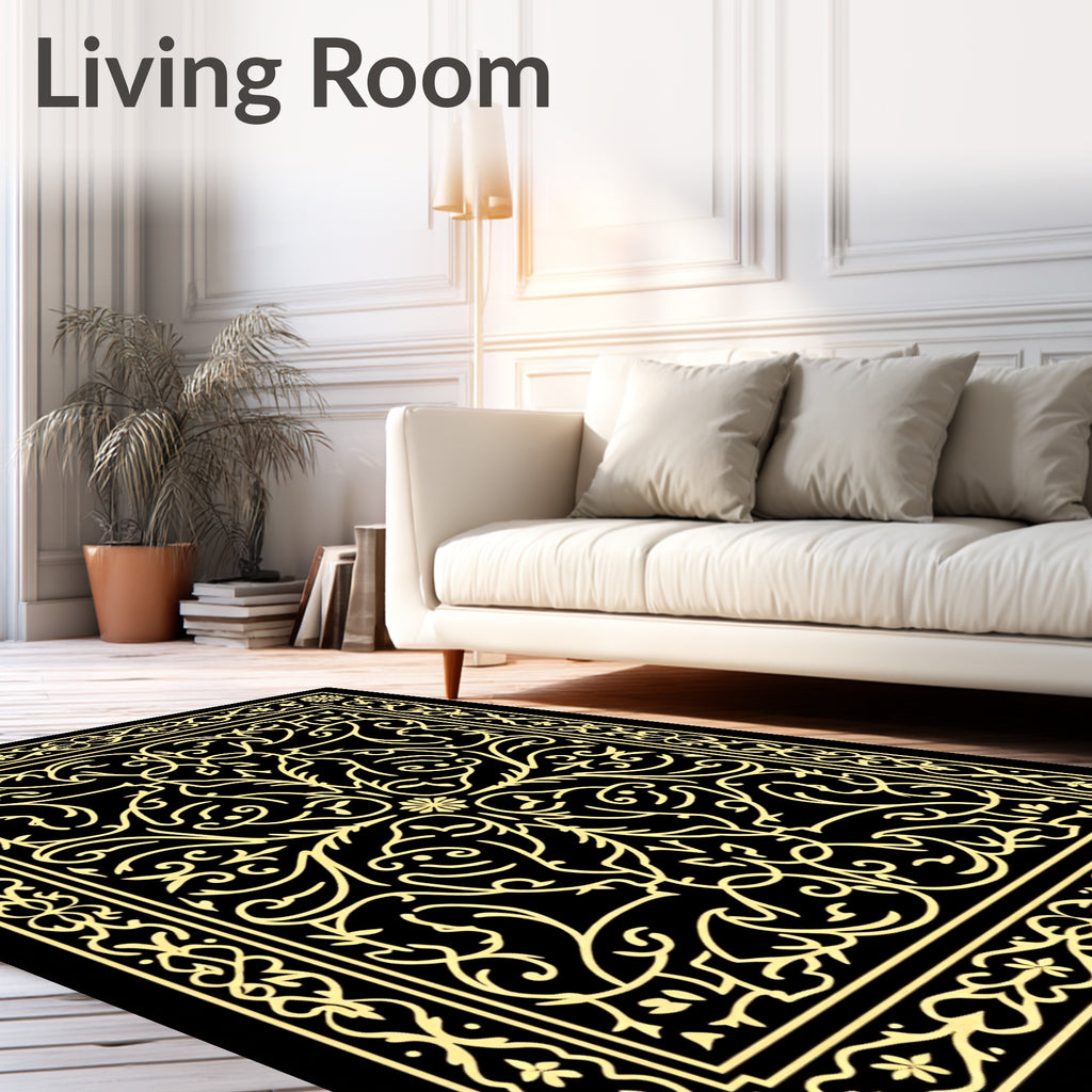 Gilded Black Floral Scrollwork Rug