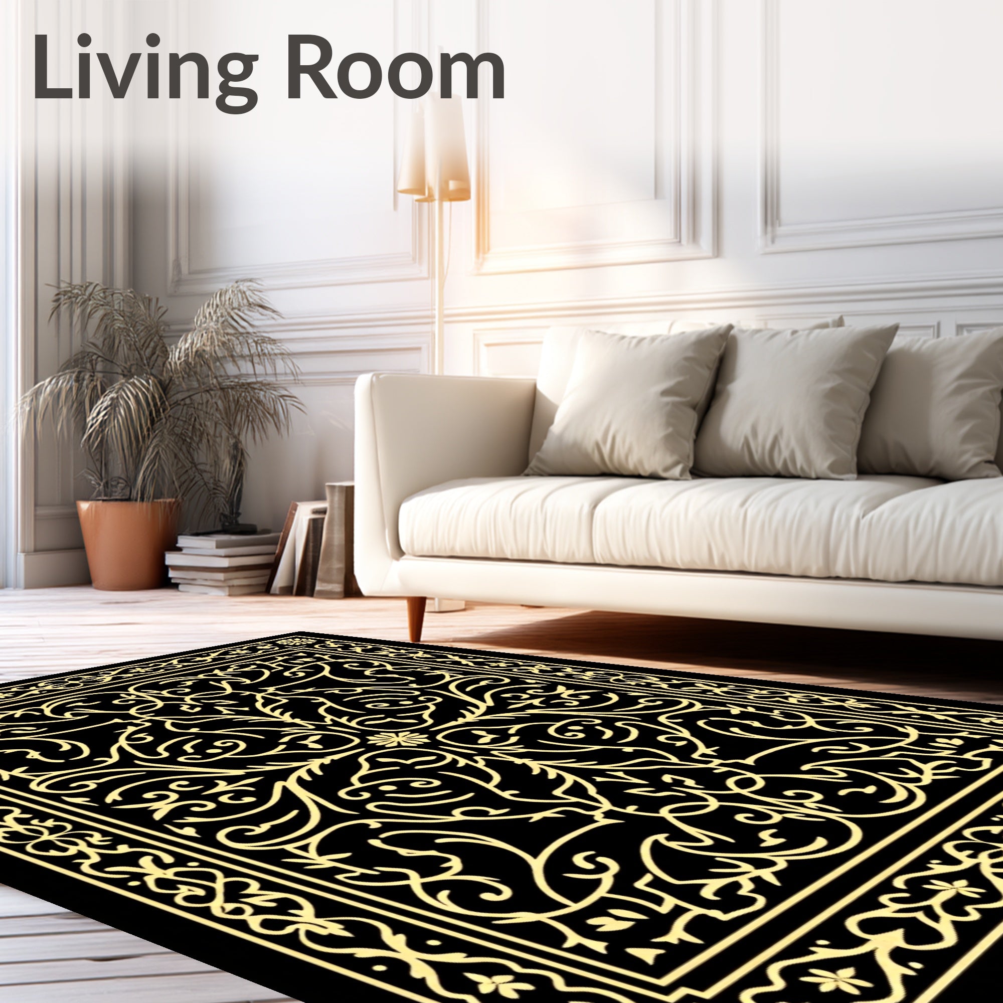Gilded Black Floral Scrollwork Rug