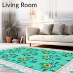Teal Floral Medallion White Border Rug
