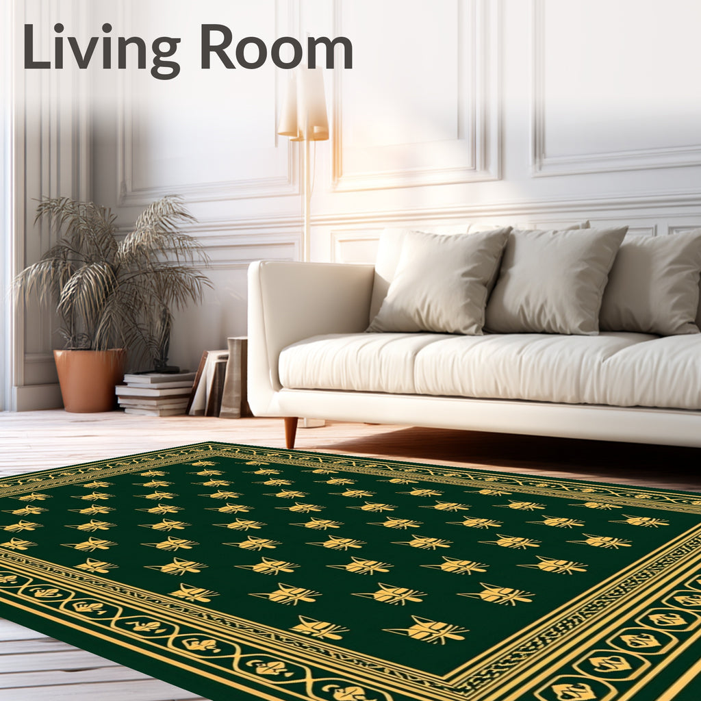 Dark Green Gold Cat Head Print Rug