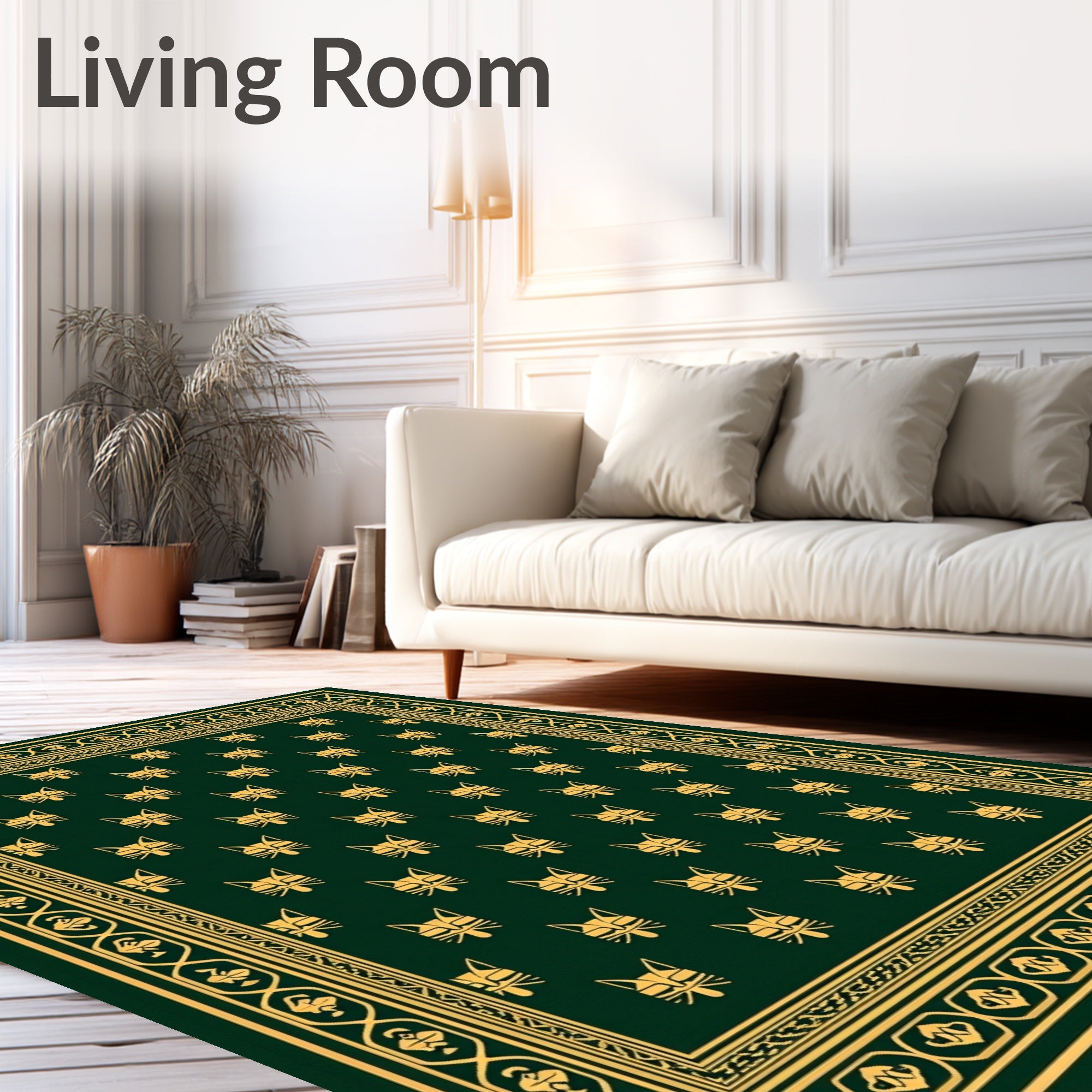 Dark Green Gold Cat Head Print Rug