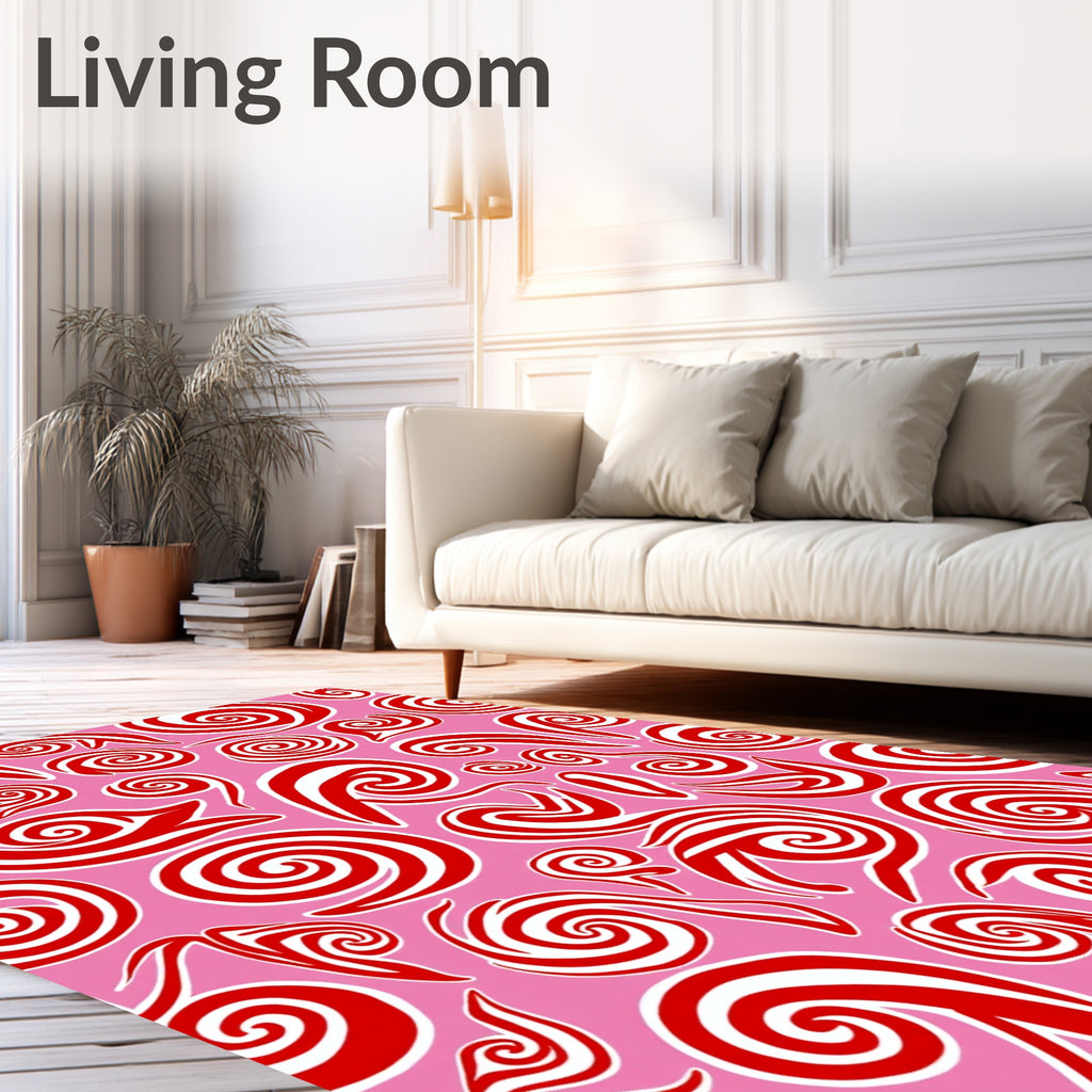 Whimsical Red Swirls Pink Background Rug