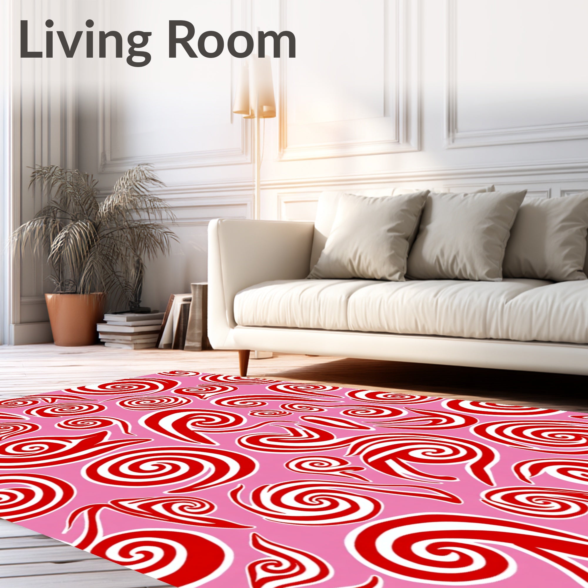 Whimsical Red Swirls Pink Background Rug