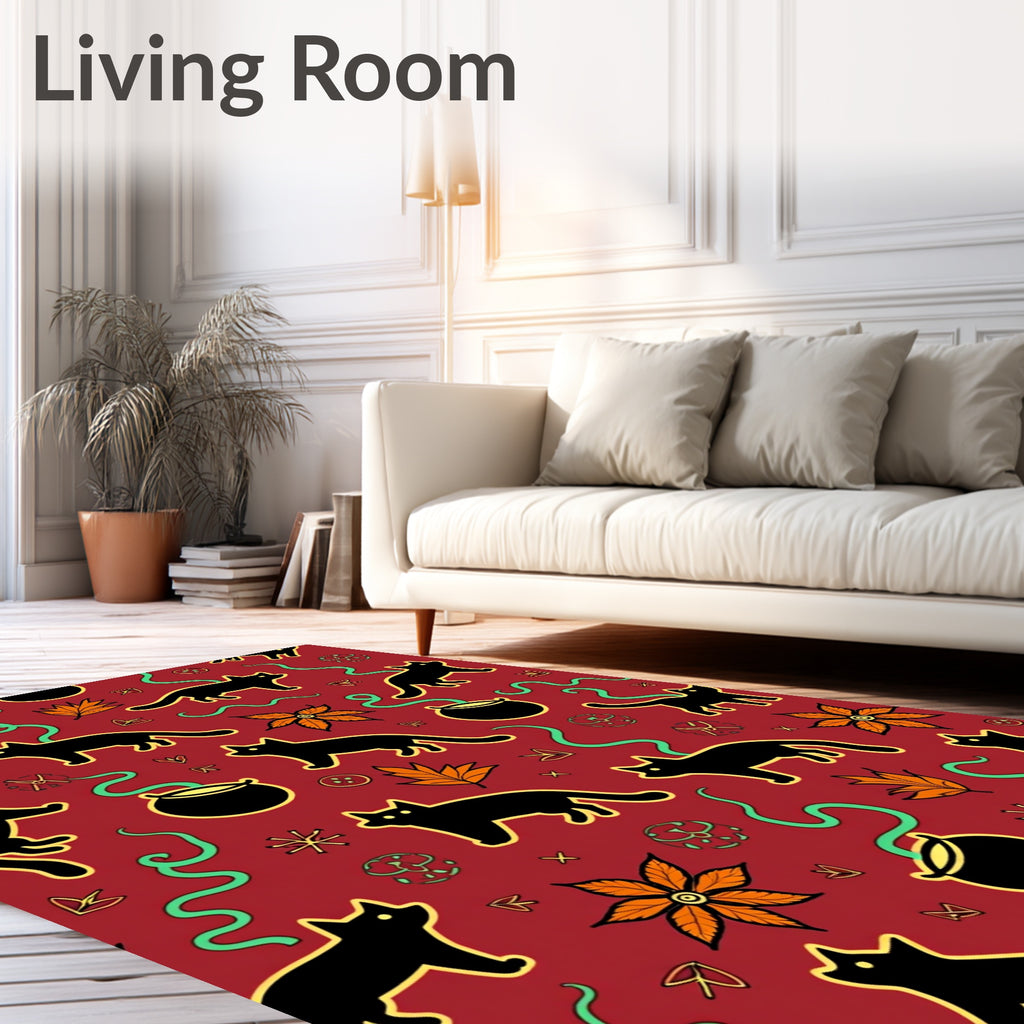 Spooky Black Cats Orange Leaves Cauldron Rug