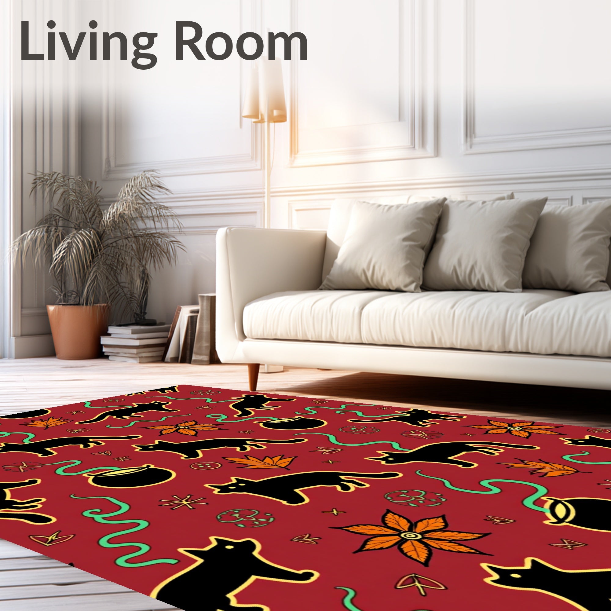 Spooky Black Cats Orange Leaves Cauldron Rug