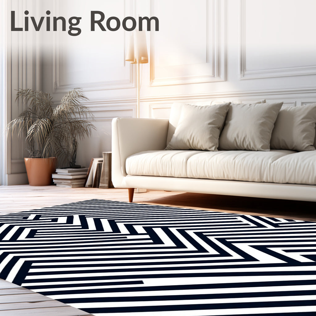 Bold Black White Linear Maze Rug