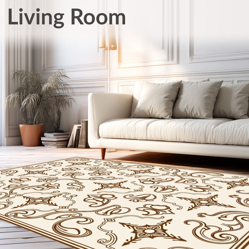 Cream Brown Vintage Scroll Medallion Rug