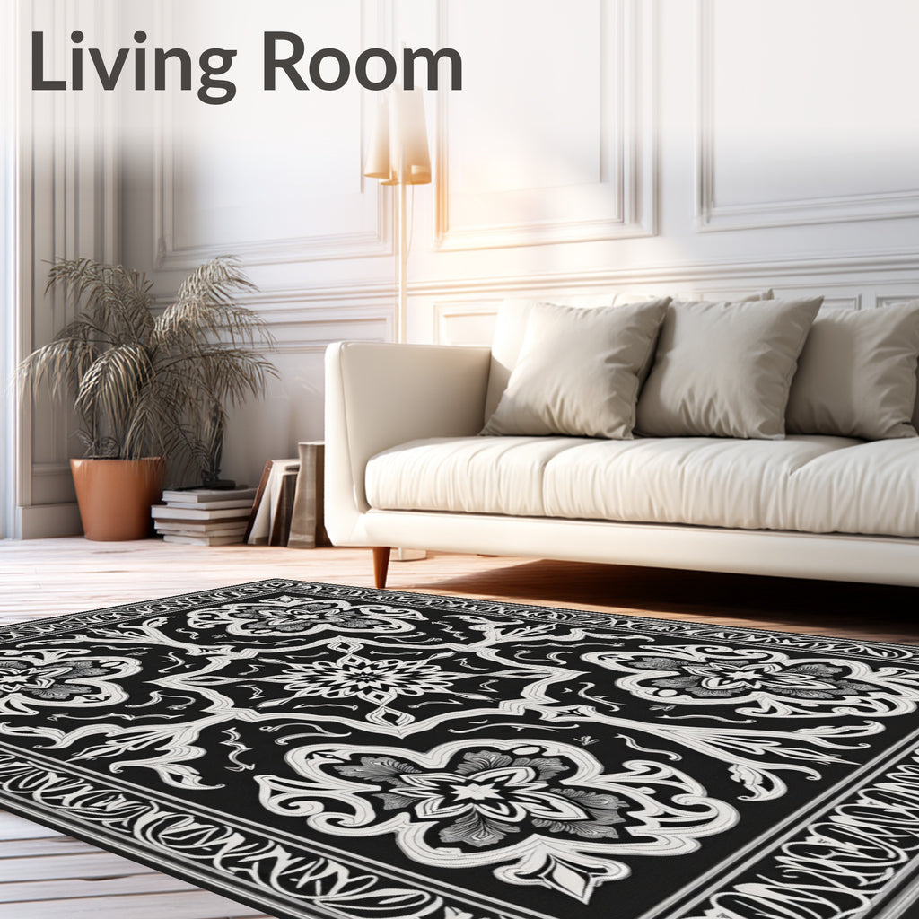 Classic Black White Floral Medallion Square Rug