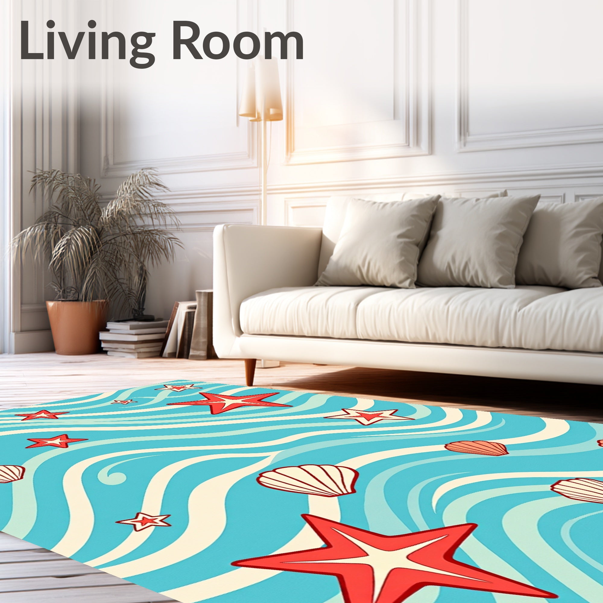 Aqua Red Starfish Shell Waves Rug