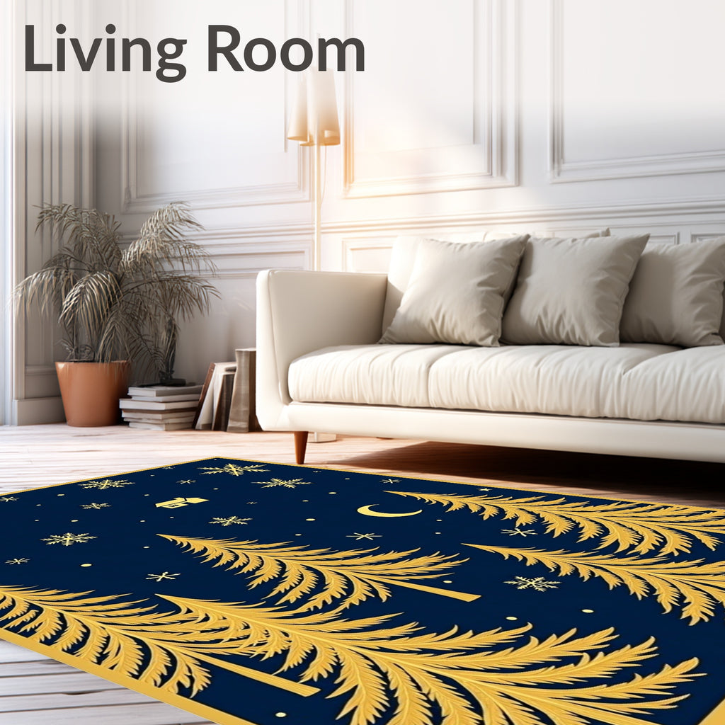 Golden Pine Forest Snowflakes Night Rug