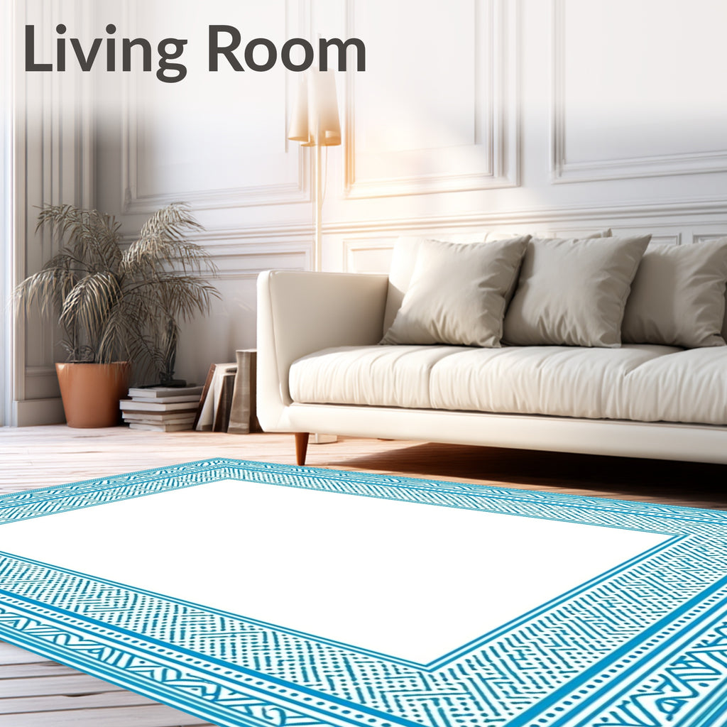 Coastal Blue Geometric Border Frame Rug