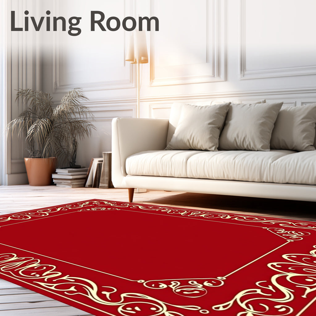 Crimson Golden Floral Scroll Border Rug