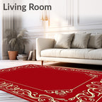Crimson Golden Floral Scroll Border Rug