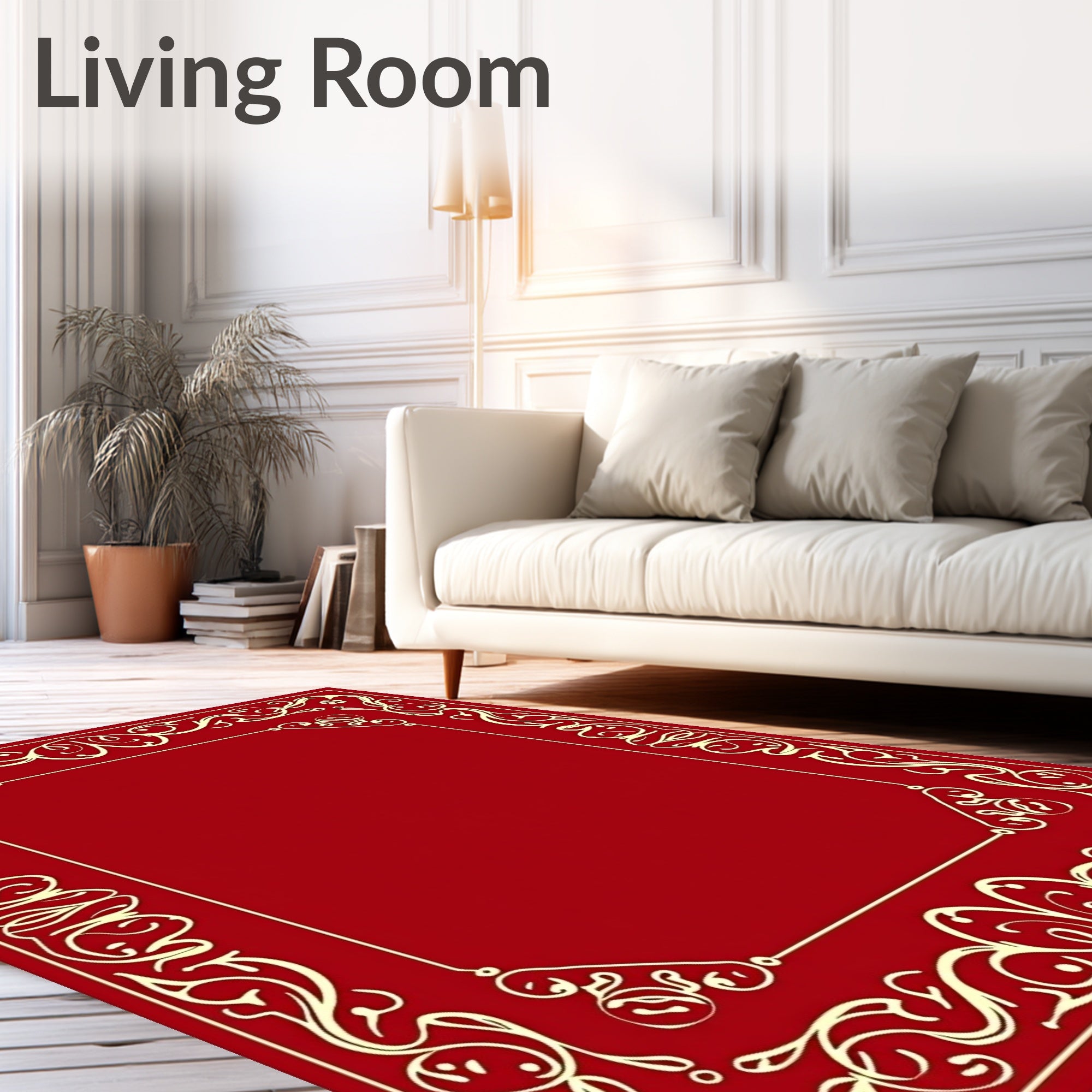 Crimson Golden Floral Scroll Border Rug