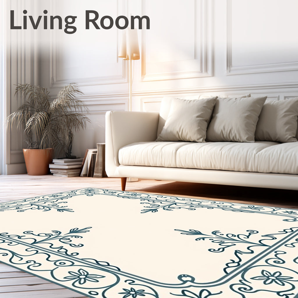Teal Floral Archival Border Rug