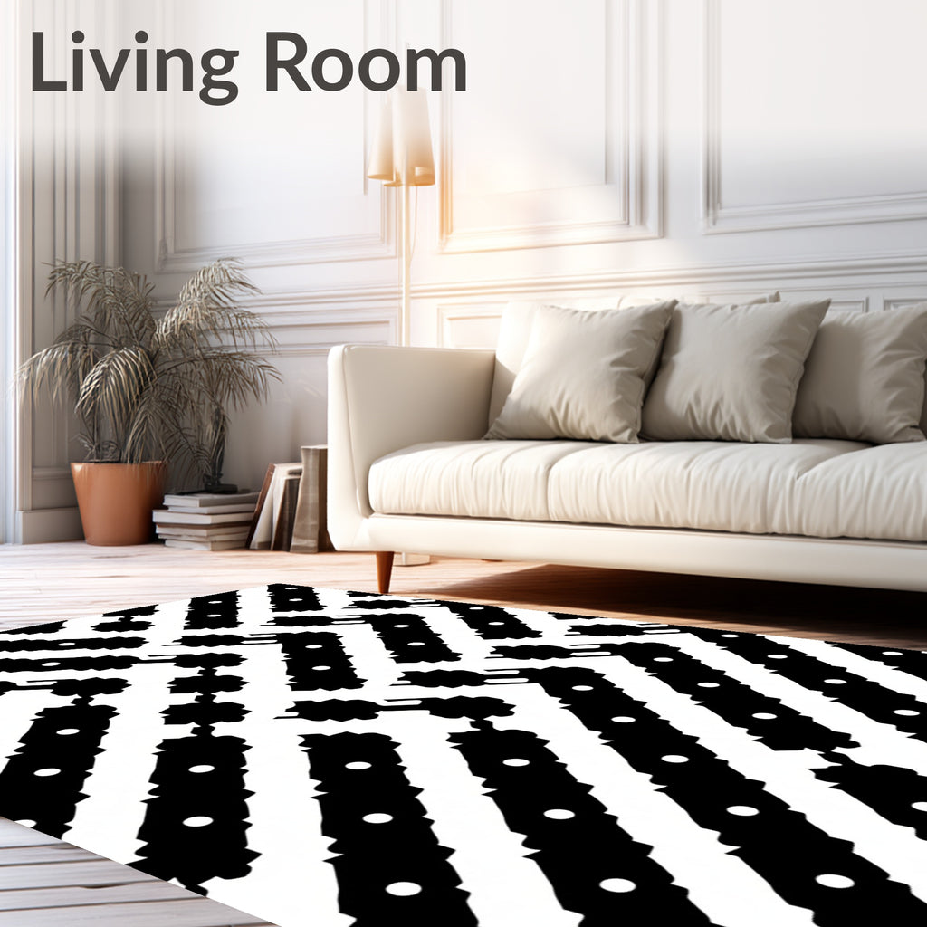Black White Jagged Stripe Dot Accents Rug