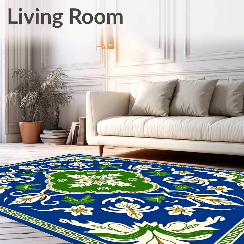 Blue White Green Floral Medallion Rug