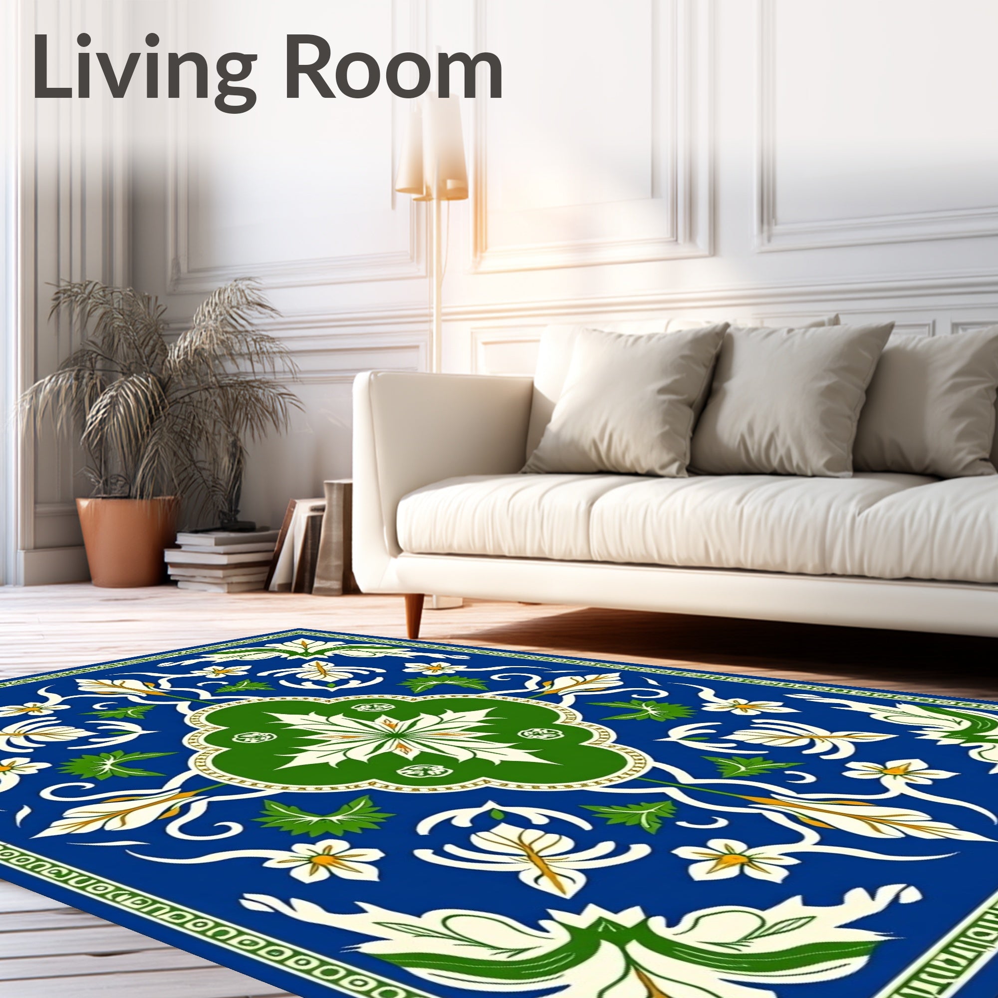 Blue White Green Floral Medallion Rug
