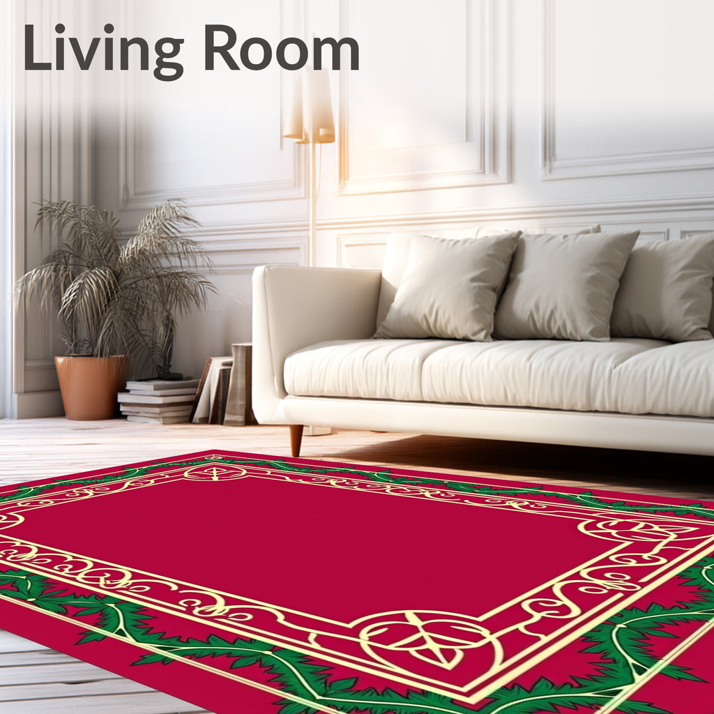 Crimson Green Bordered Floral Scroll Rug